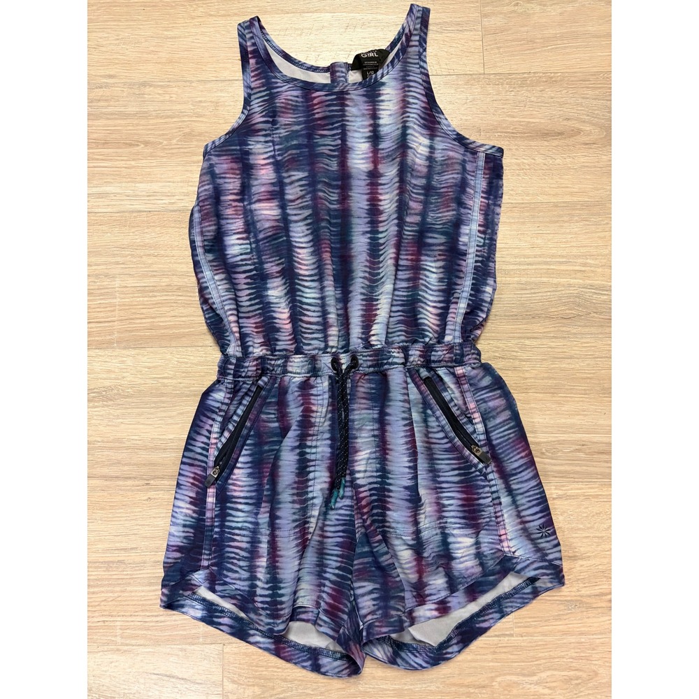 Athleta Girl On the Go sleeveless Romper Large 12 Purple Blue Tie Dye Activewear